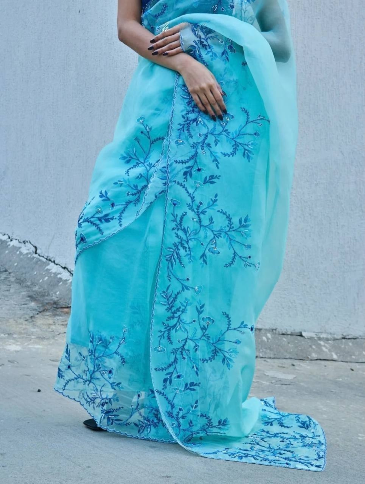 Aqua Blue Net Saree with Blue Floral Embroidery & Scalloped Border
