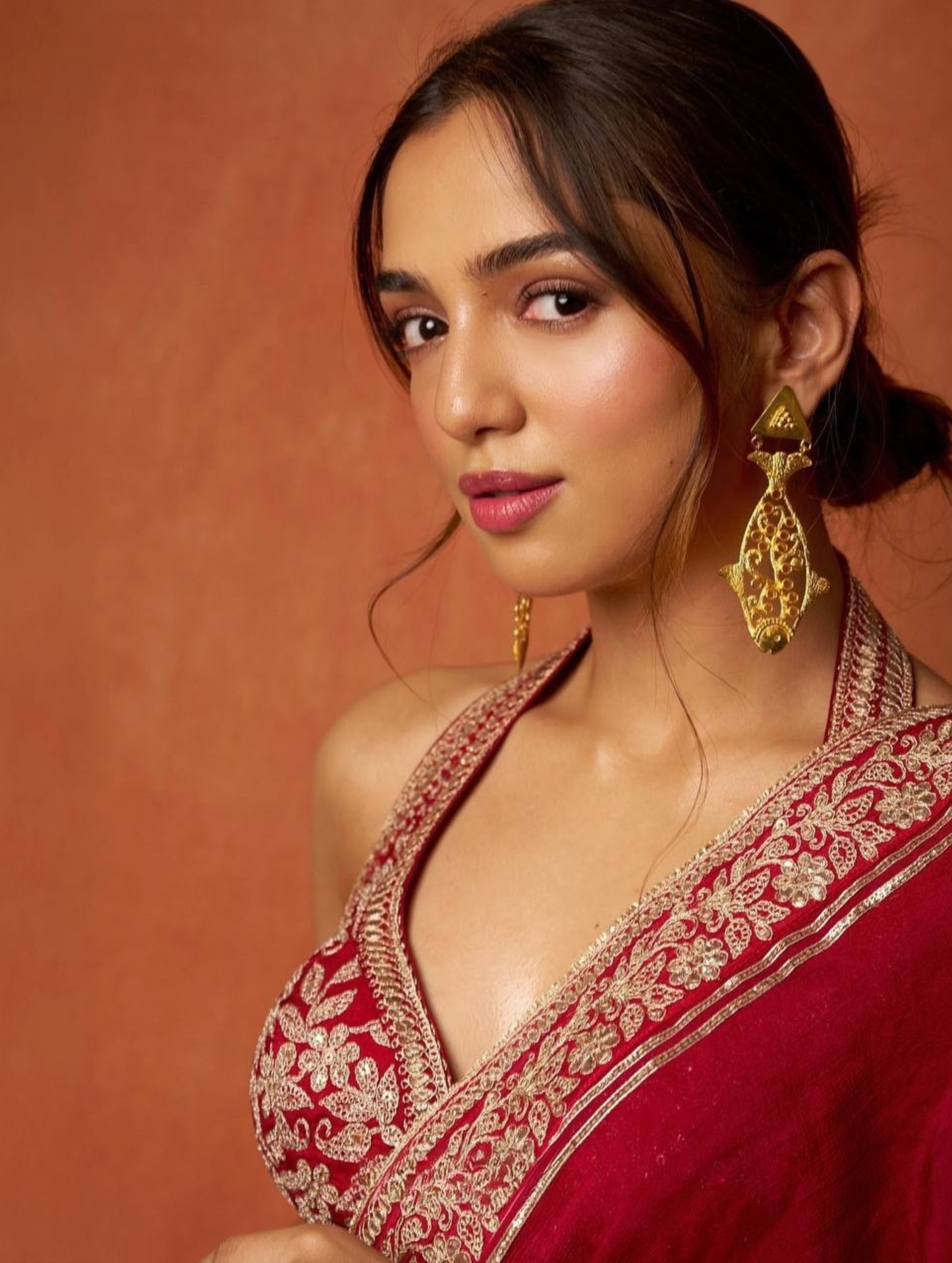 Elegant Red Silk Saree with Heavy Floral Embroidered Border & Designer Blouse