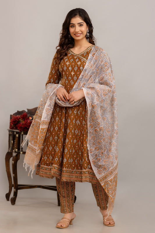 Cotton Ajarakh Printed Kurti Dupatta Set