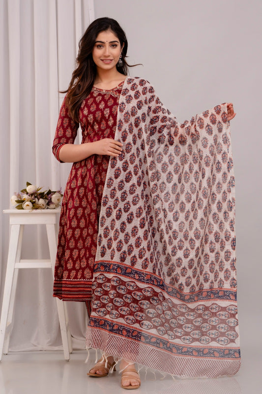 Cotton Ajarakh Printed Kurti Dupatta Set