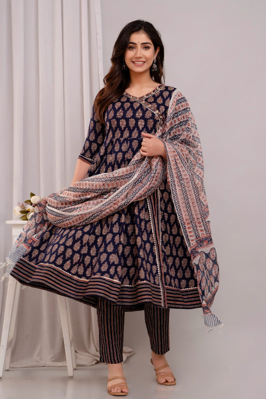 Cotton Ajarakh Printed Kurti Dupatta Set