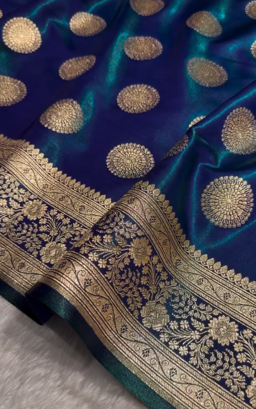 Royal Blue Banarasi Silk Saree with Gold Zari Circular Medallion Motifs & Heavy Floral Border