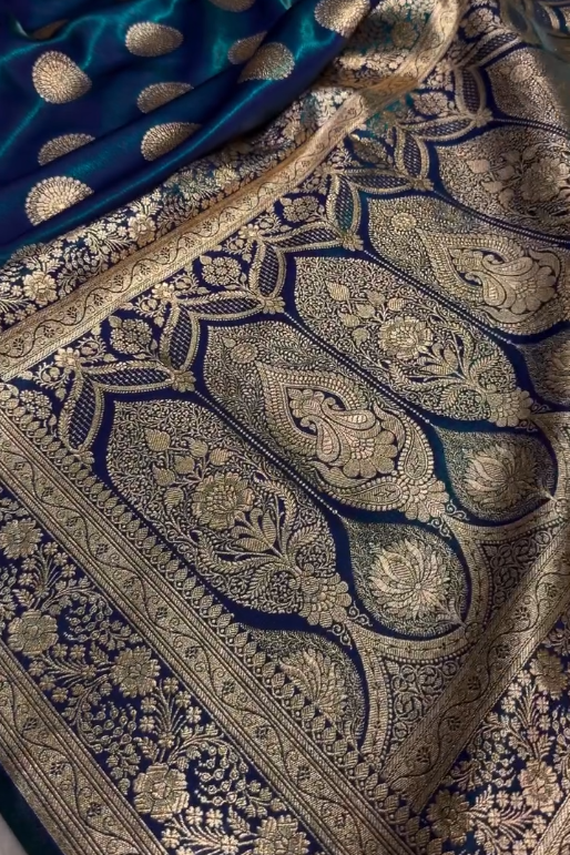 Royal Blue Banarasi Silk Saree with Gold Zari Circular Medallion Motifs & Heavy Floral Border