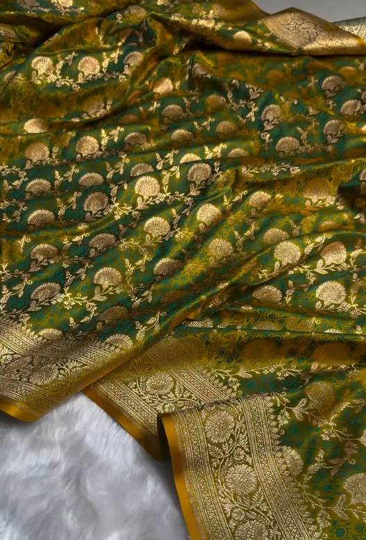 Mustard Green Banarasi Brocade Silk Saree with Rich Golden & Teal Zari Weaving
