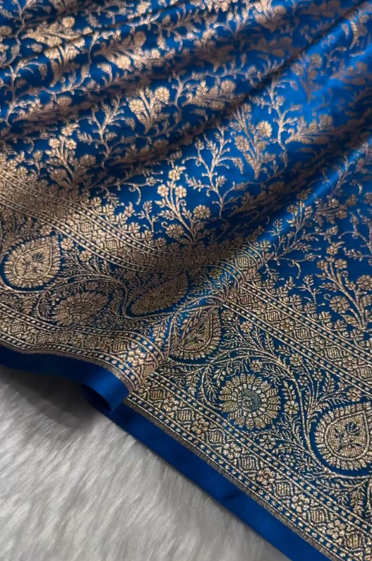 Royal Blue Banarasi Brocade Silk Saree with All-Over Golden Zari Floral Weaving