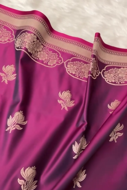 Wine Purple Banarasi Silk Saree with Gold Zari Floral Buti Motifs & Classic Woven Border