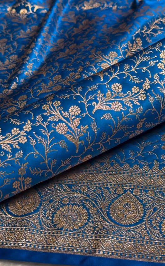 Royal Blue Banarasi Brocade Silk Saree with All-Over Golden Zari Floral Weaving