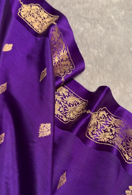 Regal Royal Purple Banarasi Silk Saree with Gold Zari Floral Buti & Ornate Pallu Design