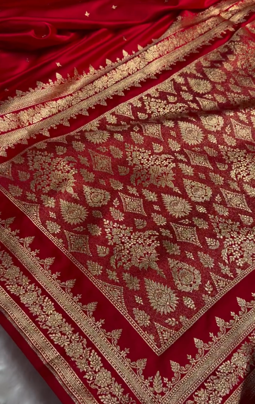 Classic Red Silk Saree with Minimal Golden Zari Butti & Elegant Border
