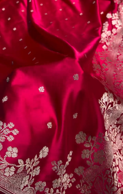 Hot Pink Banarasi Silk Saree with Silver Zari Floral Border & Delicate Buti Work