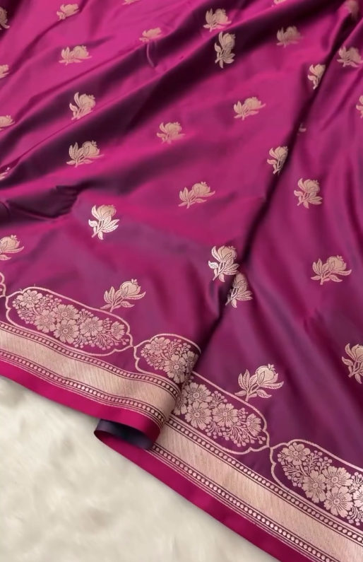 Wine Purple Banarasi Silk Saree with Gold Zari Floral Buti Motifs & Classic Woven Border