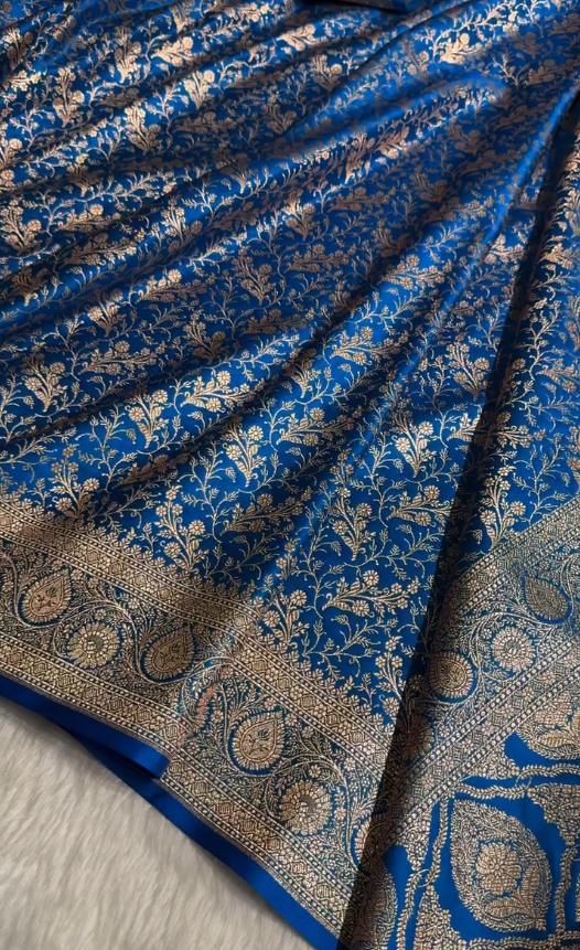 Royal Blue Banarasi Brocade Silk Saree with All-Over Golden Zari Floral Weaving