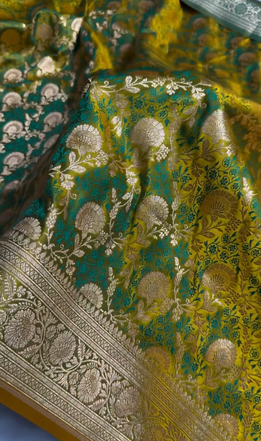 Mustard Green Banarasi Brocade Silk Saree with Rich Golden & Teal Zari Weaving