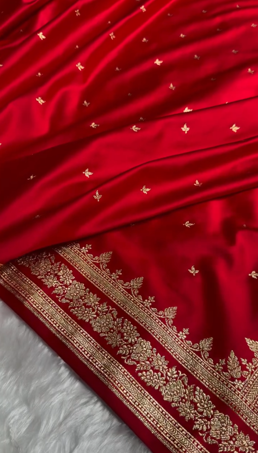 Classic Red Silk Saree with Minimal Golden Zari Butti & Elegant Border