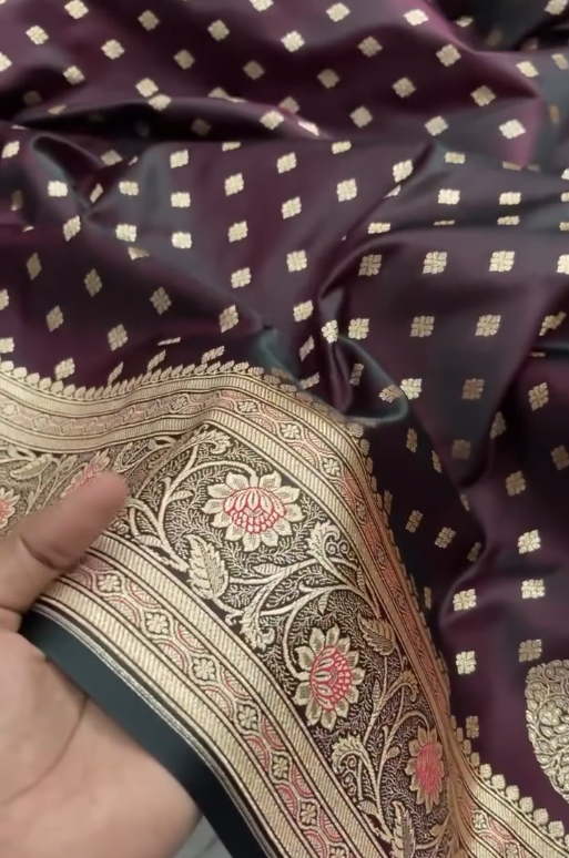 Deep Wine Banarasi Silk Saree with Gold Zari Paisley Motifs & Traditional Woven Border