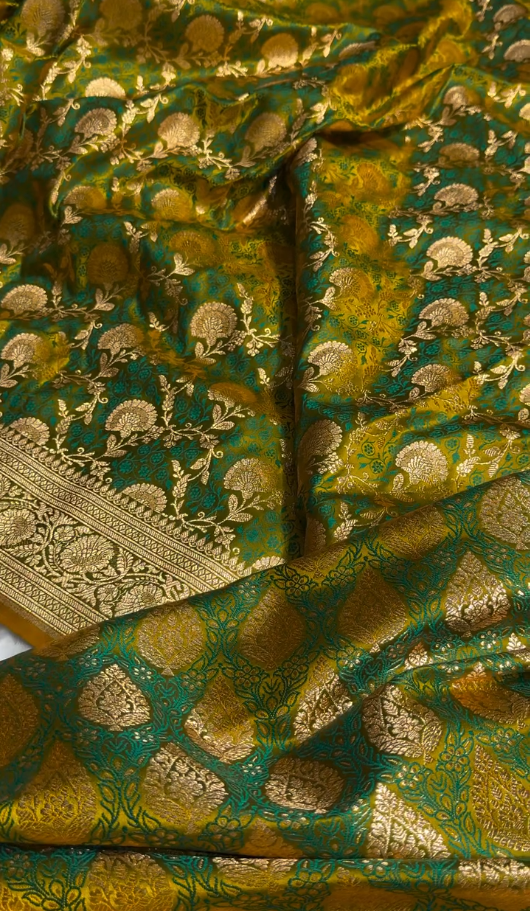 Mustard Green Banarasi Brocade Silk Saree with Rich Golden & Teal Zari Weaving