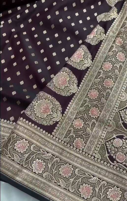 Deep Wine Banarasi Silk Saree with Gold Zari Paisley Motifs & Traditional Woven Border