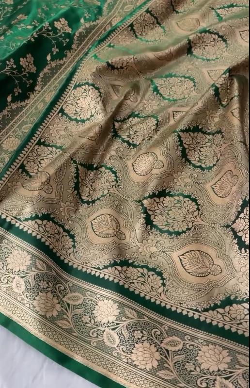 Bottle Green Banarasi Silk Saree with Heavy Gold Zari Floral Jaal & Rich Traditional Border
