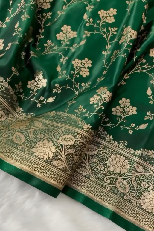 Bottle Green Banarasi Silk Saree with Heavy Gold Zari Floral Jaal & Rich Traditional Border