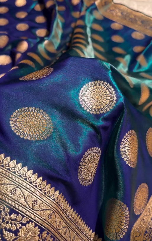 Royal Blue Banarasi Silk Saree with Gold Zari Circular Medallion Motifs & Heavy Floral Border