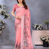 Peach Blossom Linen Cotton Saree with Delicate Floral Garden Border