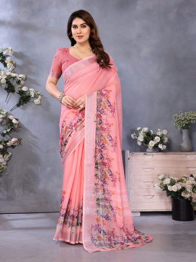 Peach Blossom Linen Cotton Saree with Delicate Floral Garden Border