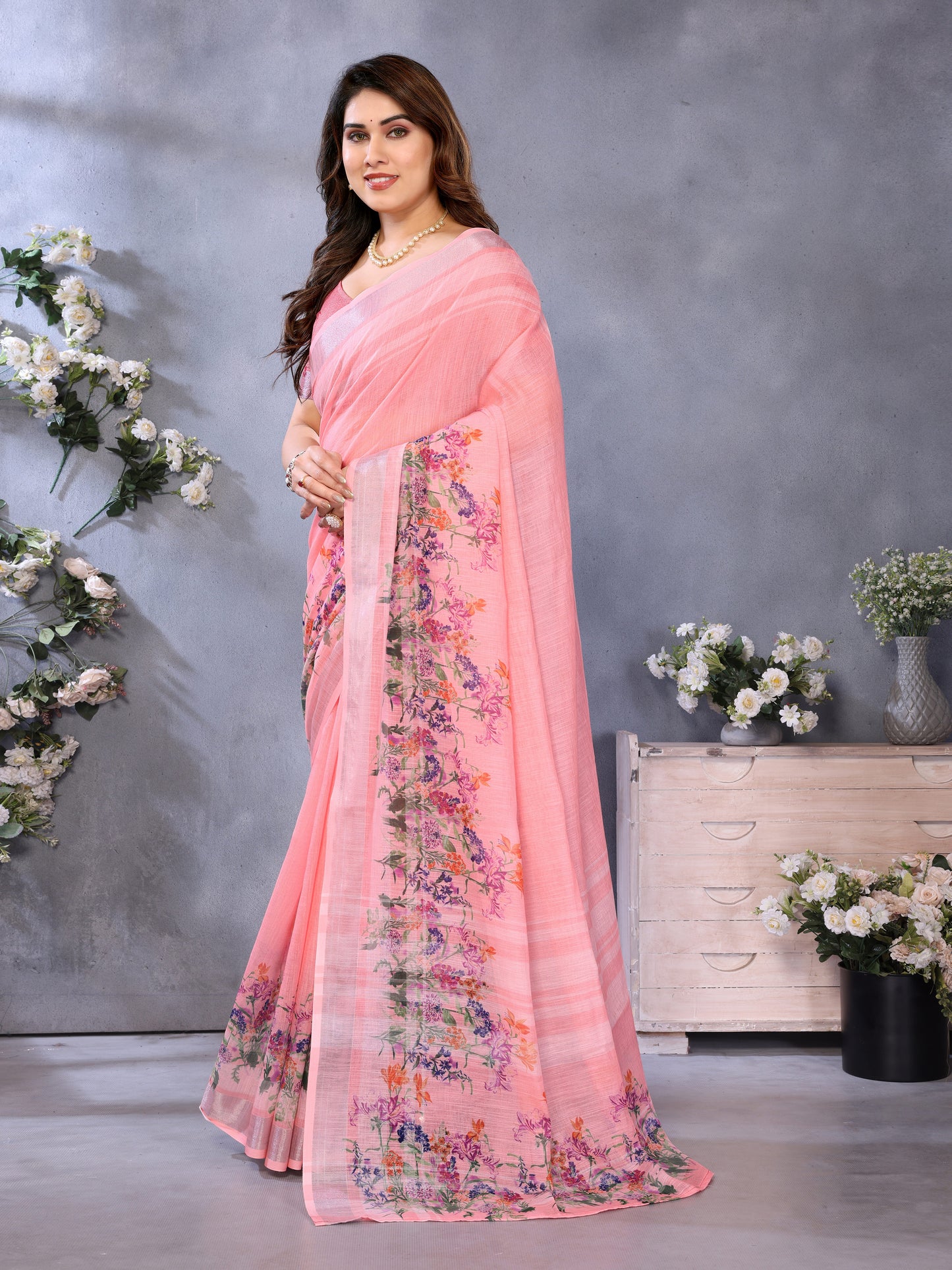 Peach Blossom Linen Cotton Saree with Delicate Floral Garden Border