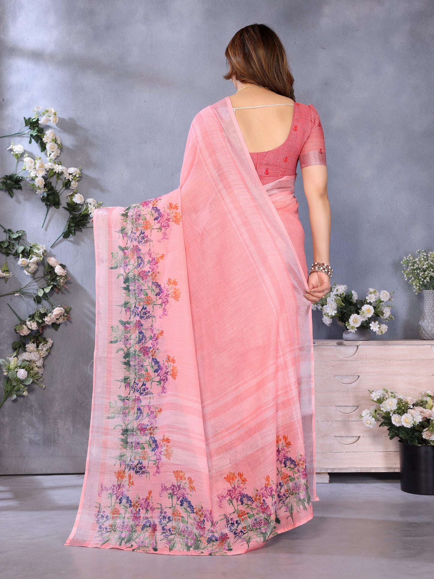 Peach Blossom Linen Cotton Saree with Delicate Floral Garden Border
