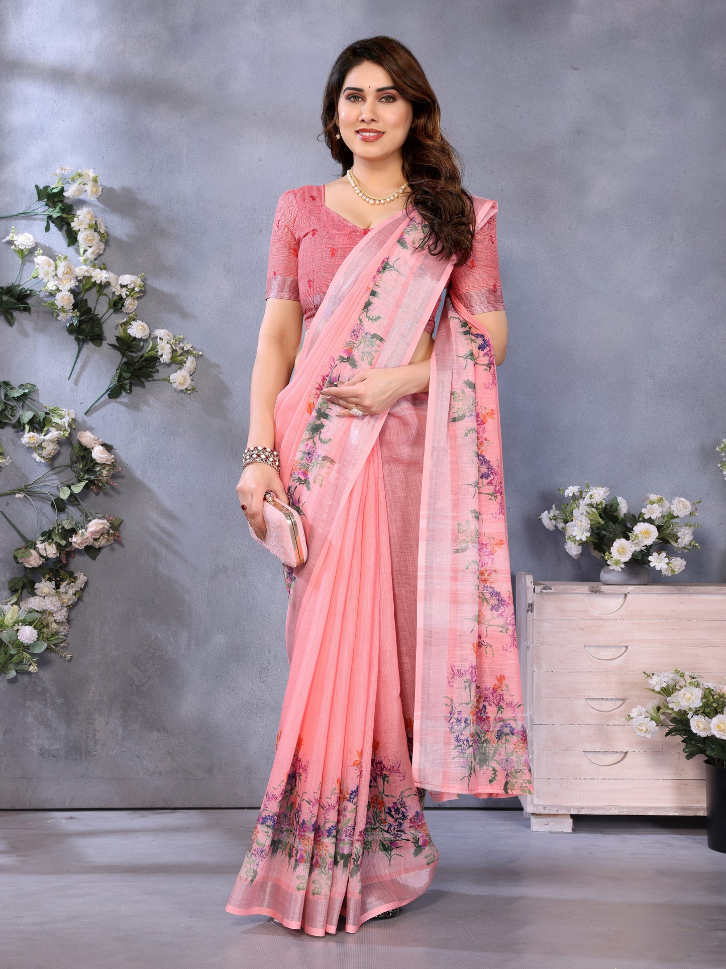 Peach Blossom Linen Cotton Saree with Delicate Floral Garden Border