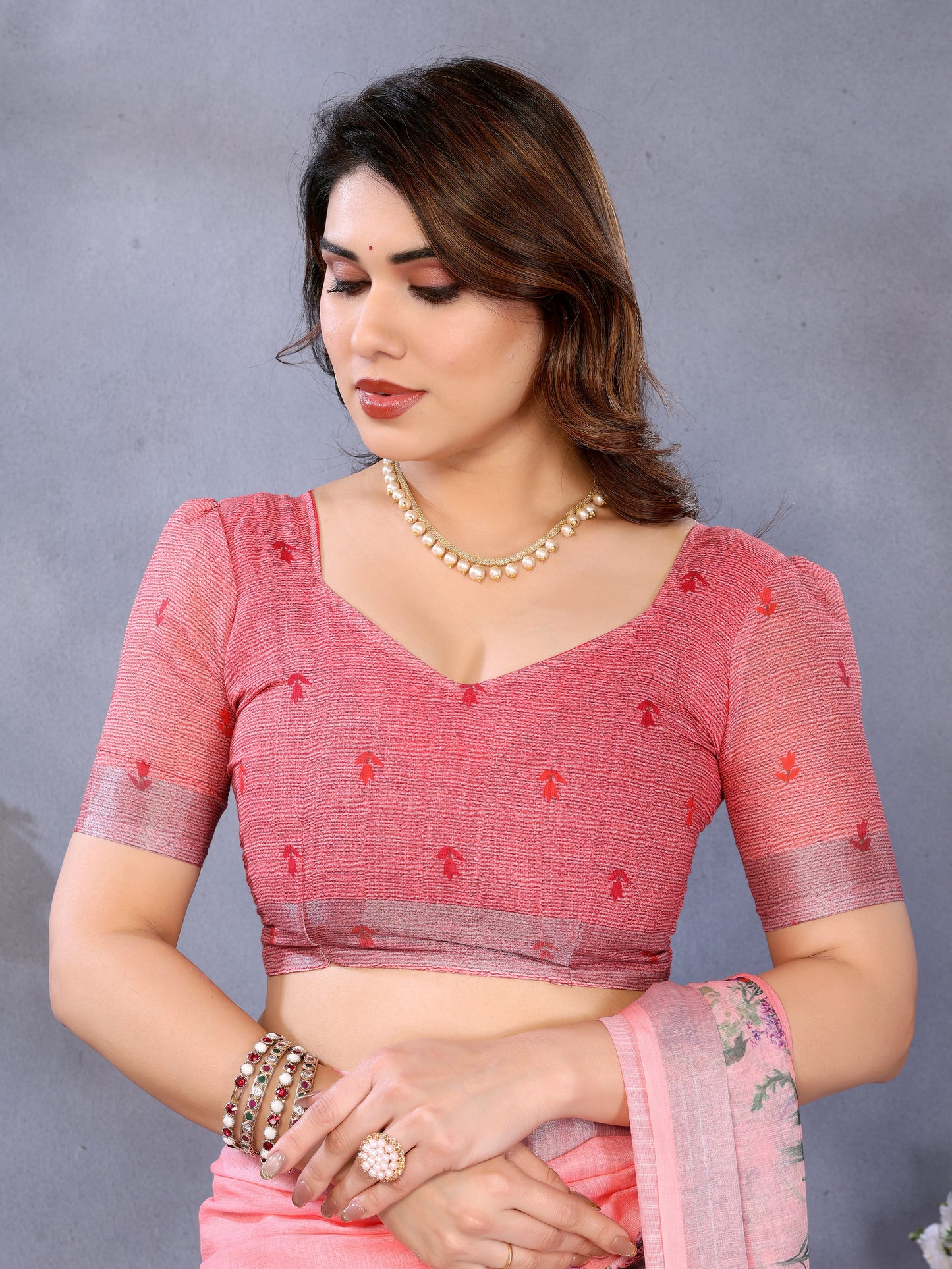 Peach Blossom Linen Cotton Saree with Delicate Floral Garden Border