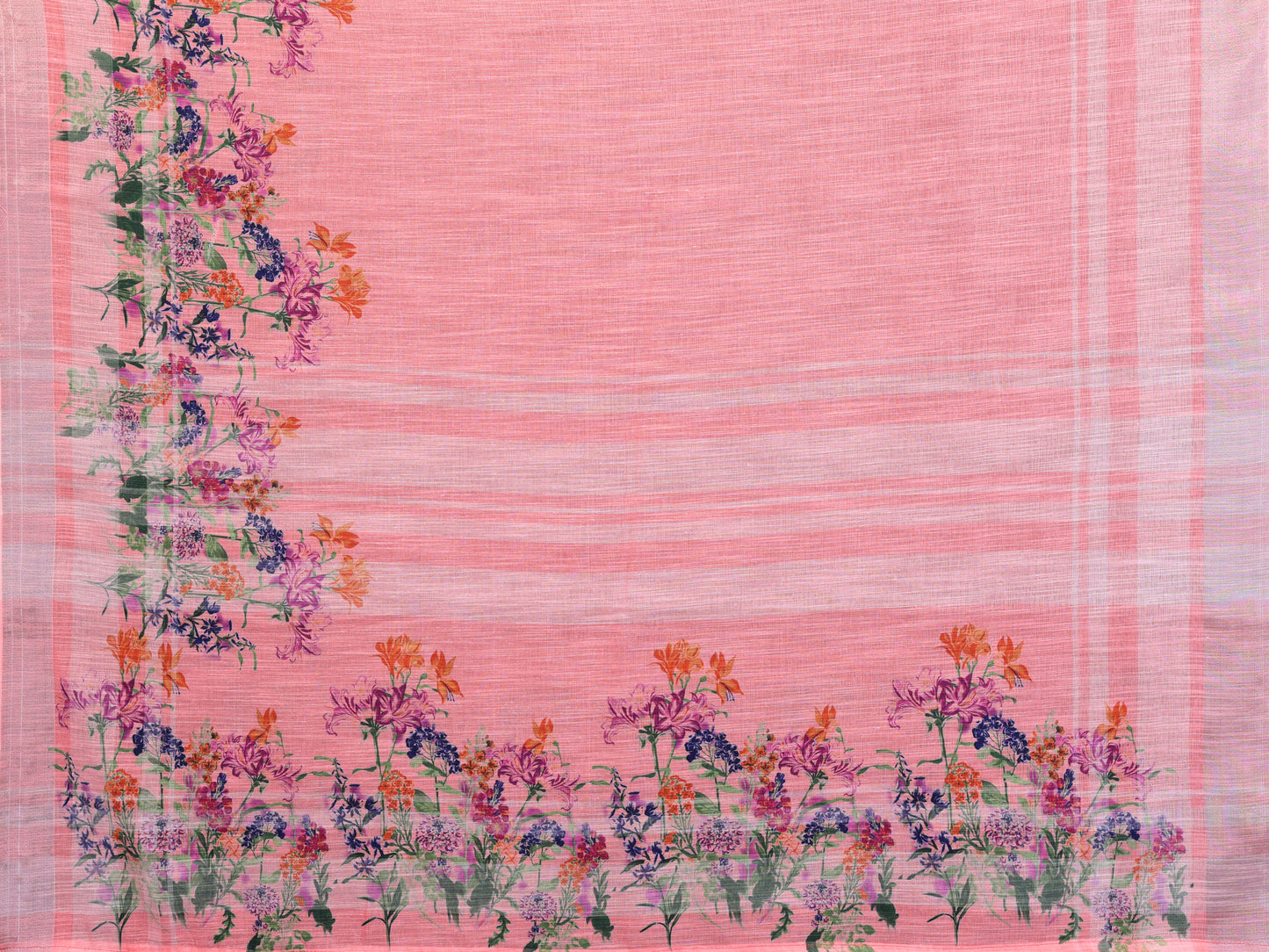 Peach Blossom Linen Cotton Saree with Delicate Floral Garden Border