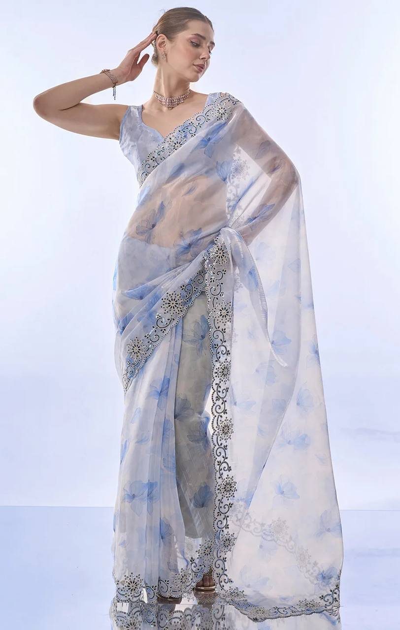 Powder Blue Floral Printed Saree with Embroidered Cutwork Border & Matching Blouse