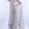 Powder Blue Floral Printed Saree with Embroidered Cutwork Border & Matching Blouse