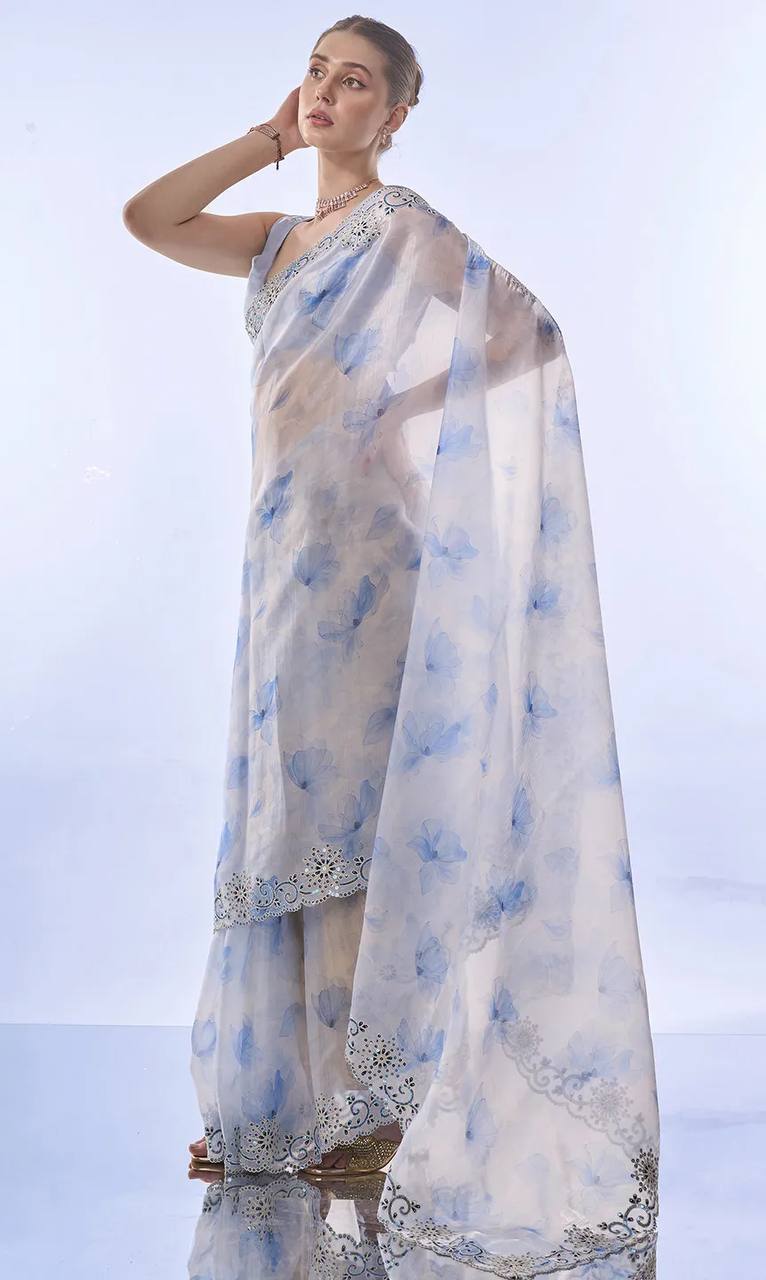 Powder Blue Floral Printed Saree with Embroidered Cutwork Border & Matching Blouse