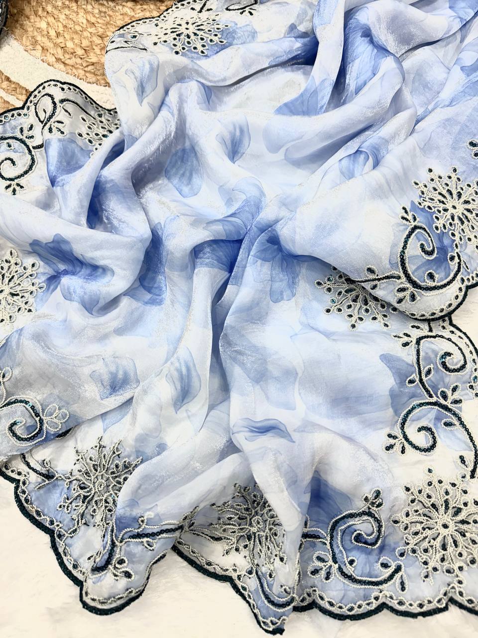 Powder Blue Floral Printed Saree with Embroidered Cutwork Border & Matching Blouse