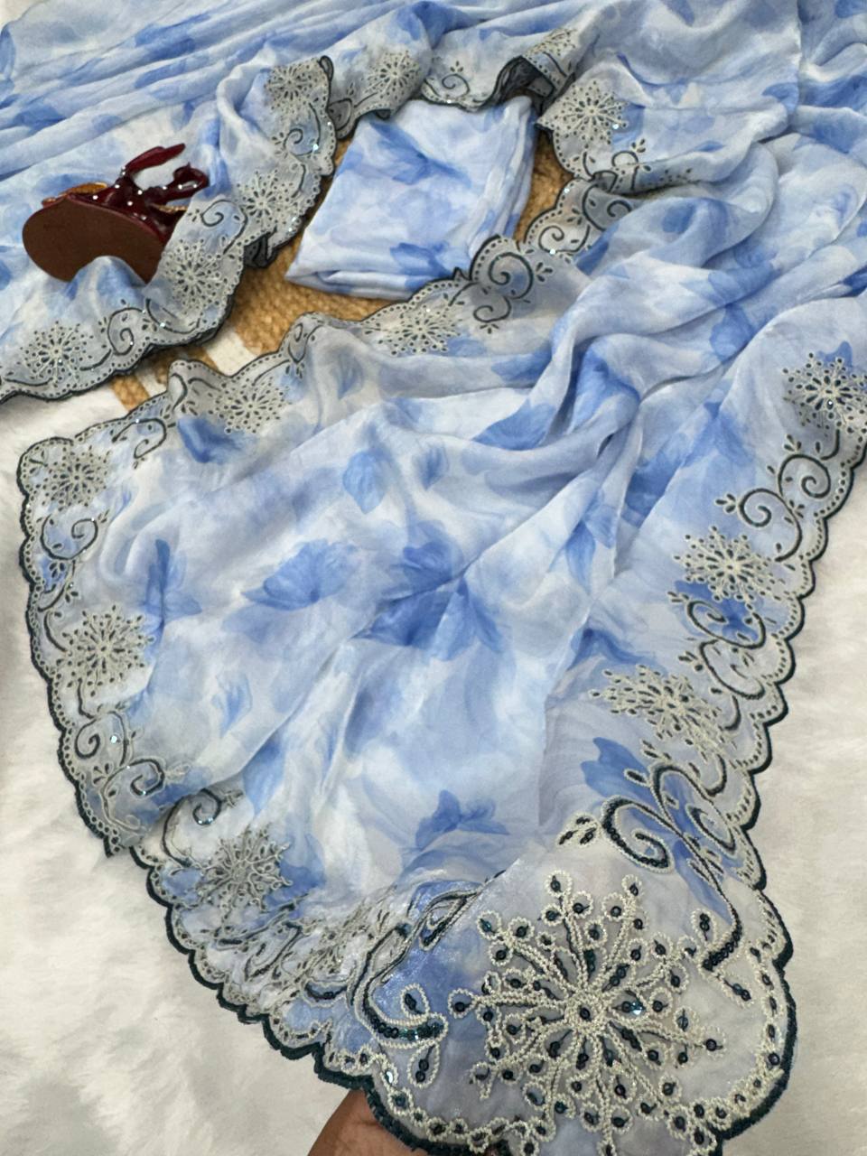 Powder Blue Floral Printed Saree with Embroidered Cutwork Border & Matching Blouse