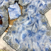 Powder Blue Floral Printed Saree with Embroidered Cutwork Border & Matching Blouse