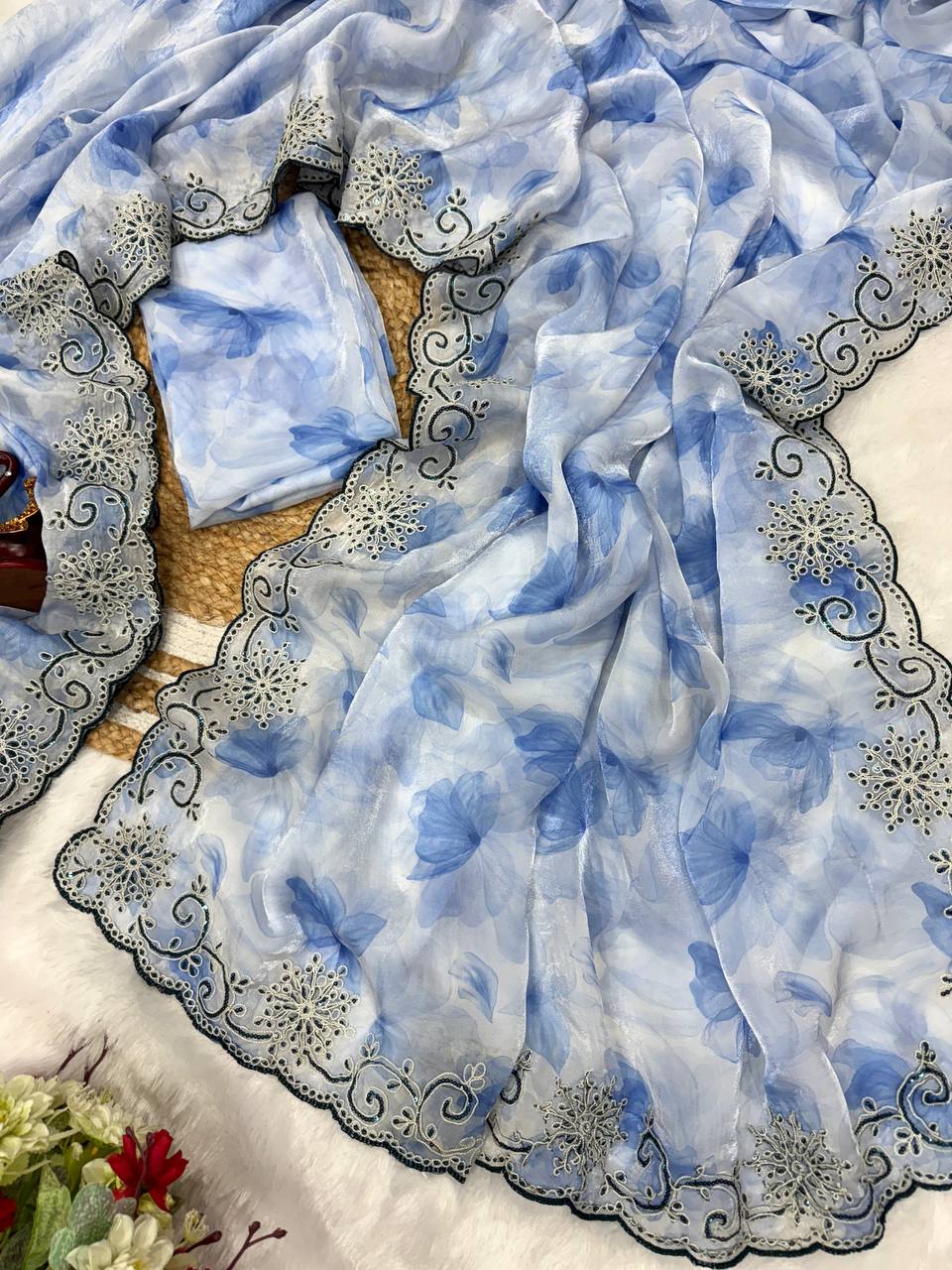 Powder Blue Floral Printed Saree with Embroidered Cutwork Border & Matching Blouse