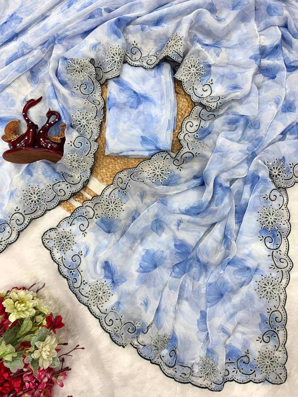 Powder Blue Floral Printed Saree with Embroidered Cutwork Border & Matching Blouse