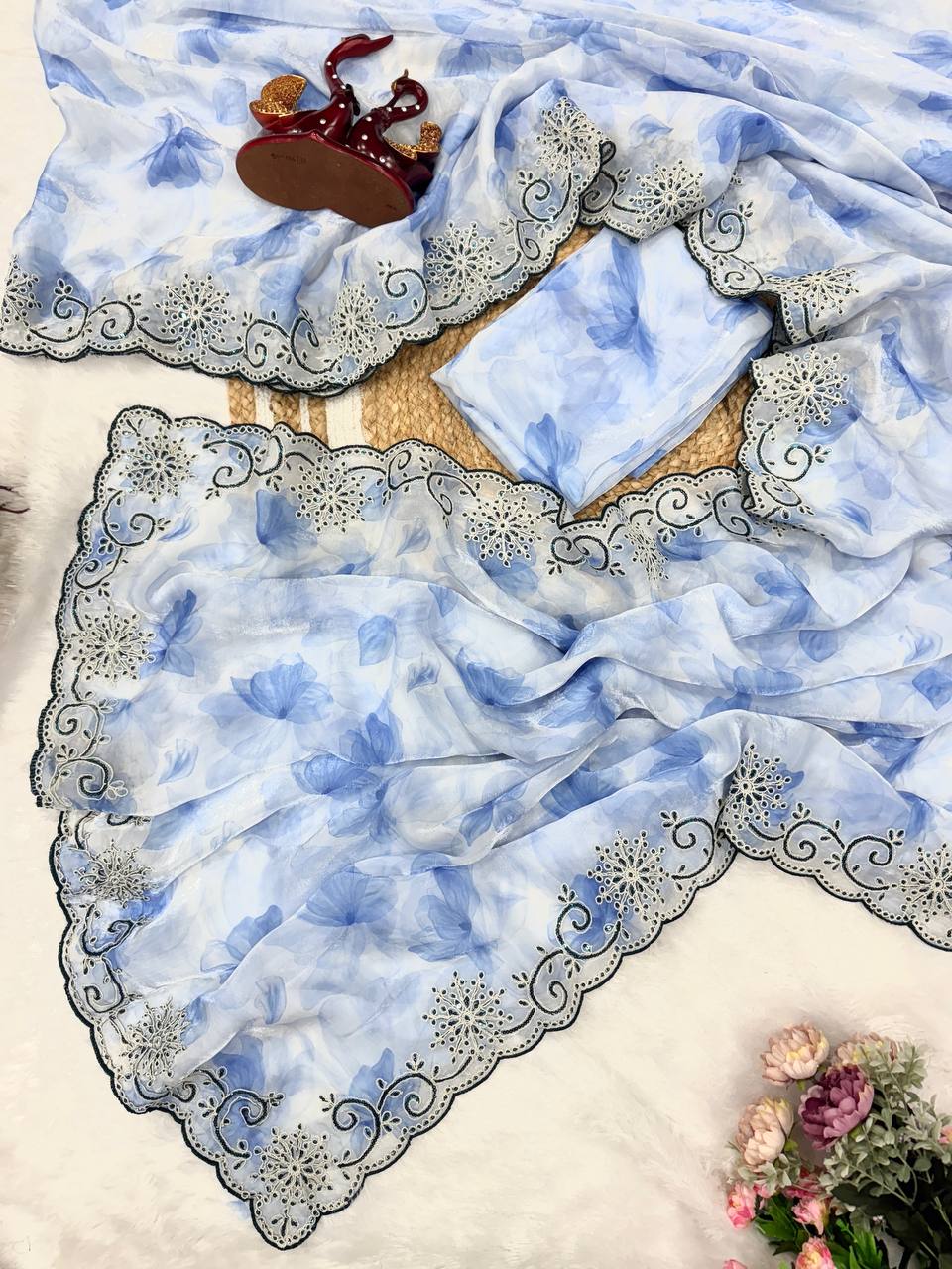 Powder Blue Floral Printed Saree with Embroidered Cutwork Border & Matching Blouse