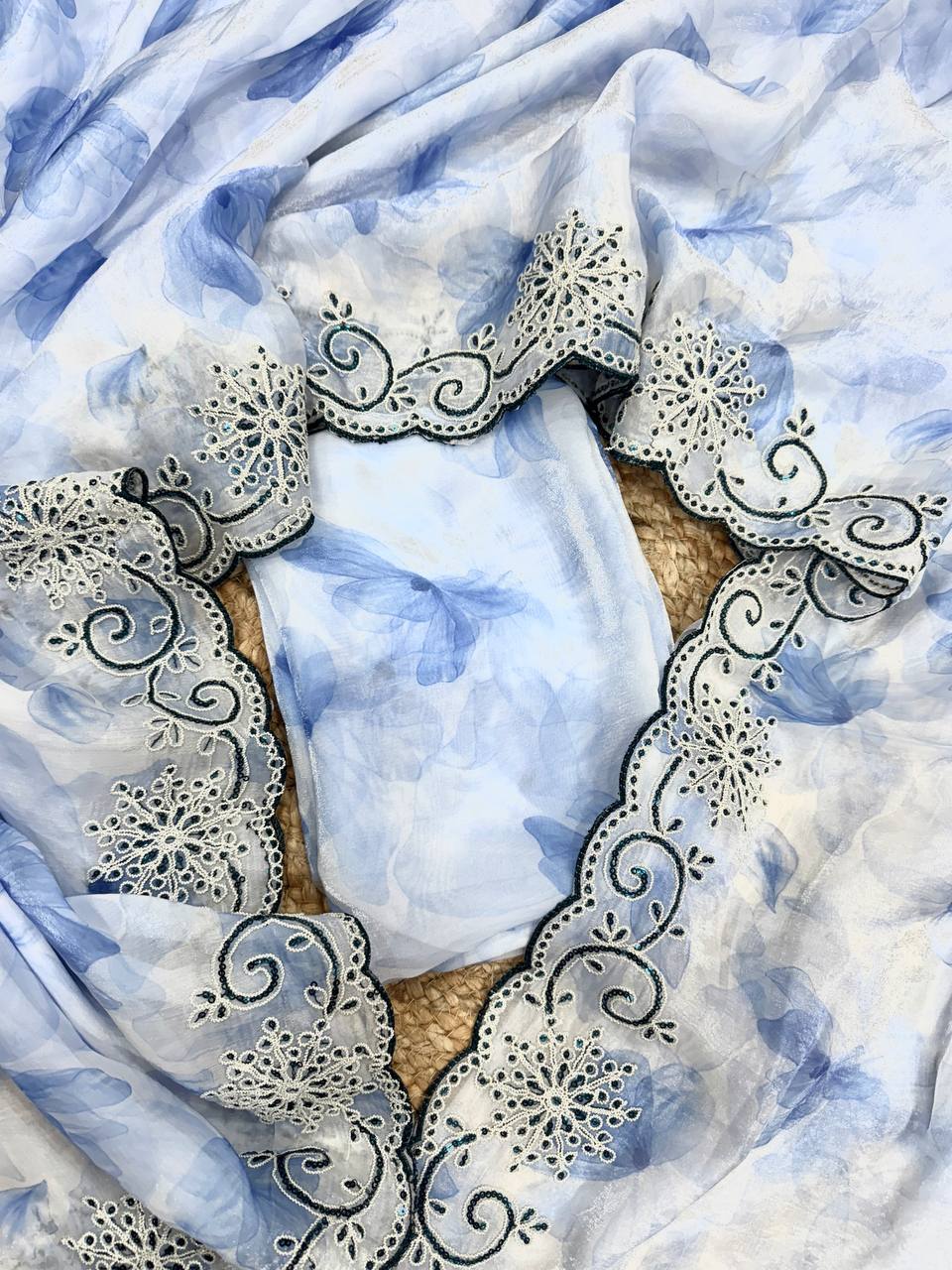 Powder Blue Floral Printed Saree with Embroidered Cutwork Border & Matching Blouse