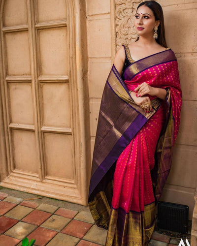 Radiant Rani Pink Kanchipuram Silk Saree with Contrast Purple Zari Border