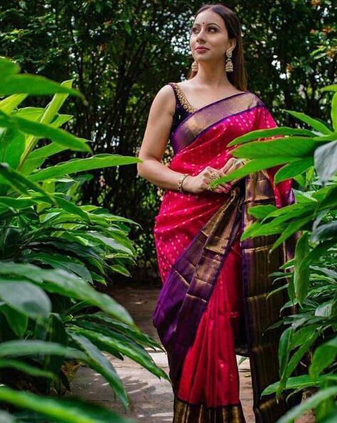 Radiant Rani Pink Kanchipuram Silk Saree with Contrast Purple Zari Border
