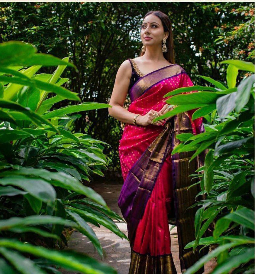 Radiant Rani Pink Kanchipuram Silk Saree with Contrast Purple Zari Border