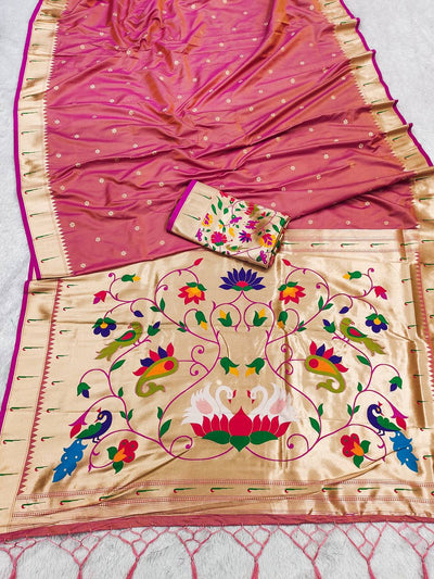 Radiant Pink Paithani Silk Saree with Meenakari Floral & Bird Motif Pallu