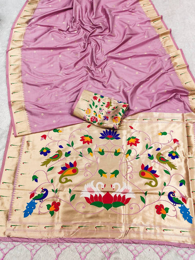 Lavender Pink Soft Silk Paithani Saree with Floral Pallu and Designer Blouse