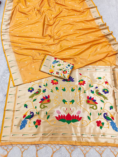 Royal Sunshine Yellow Paithani Silk Saree with Handwoven Peacock & Parrot Pallu