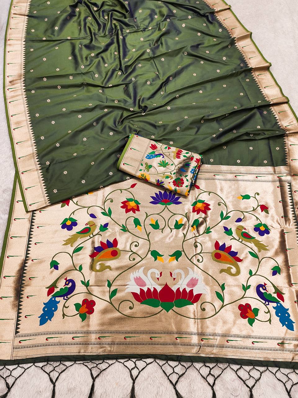 Olive Green Paithani Silk Saree with Meenakari Floral & Peacock Pallu