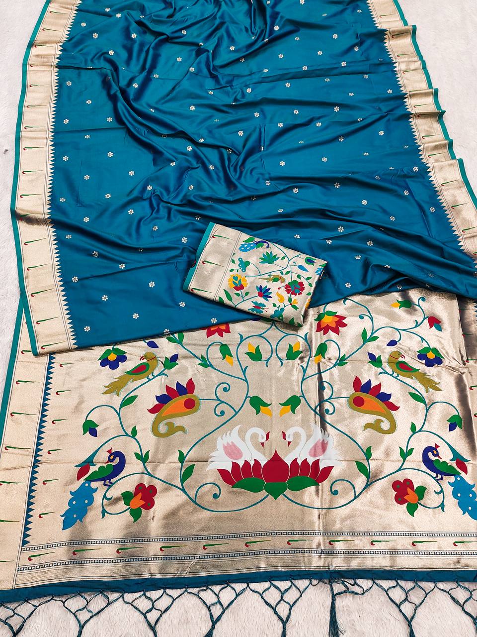 Teal Blue Paithani Silk Saree with Meenakari Floral Pallu & Matching Blouse Piece