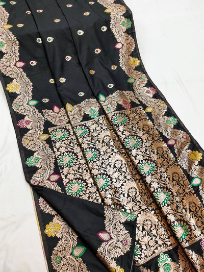 Premium Black Silk Saree featuring Multi-Color Floral Meenakari and Gold Zari